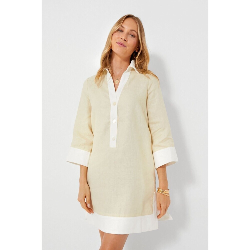 Tuckernuck Cream and White Linen-Blend Tunic Dress
